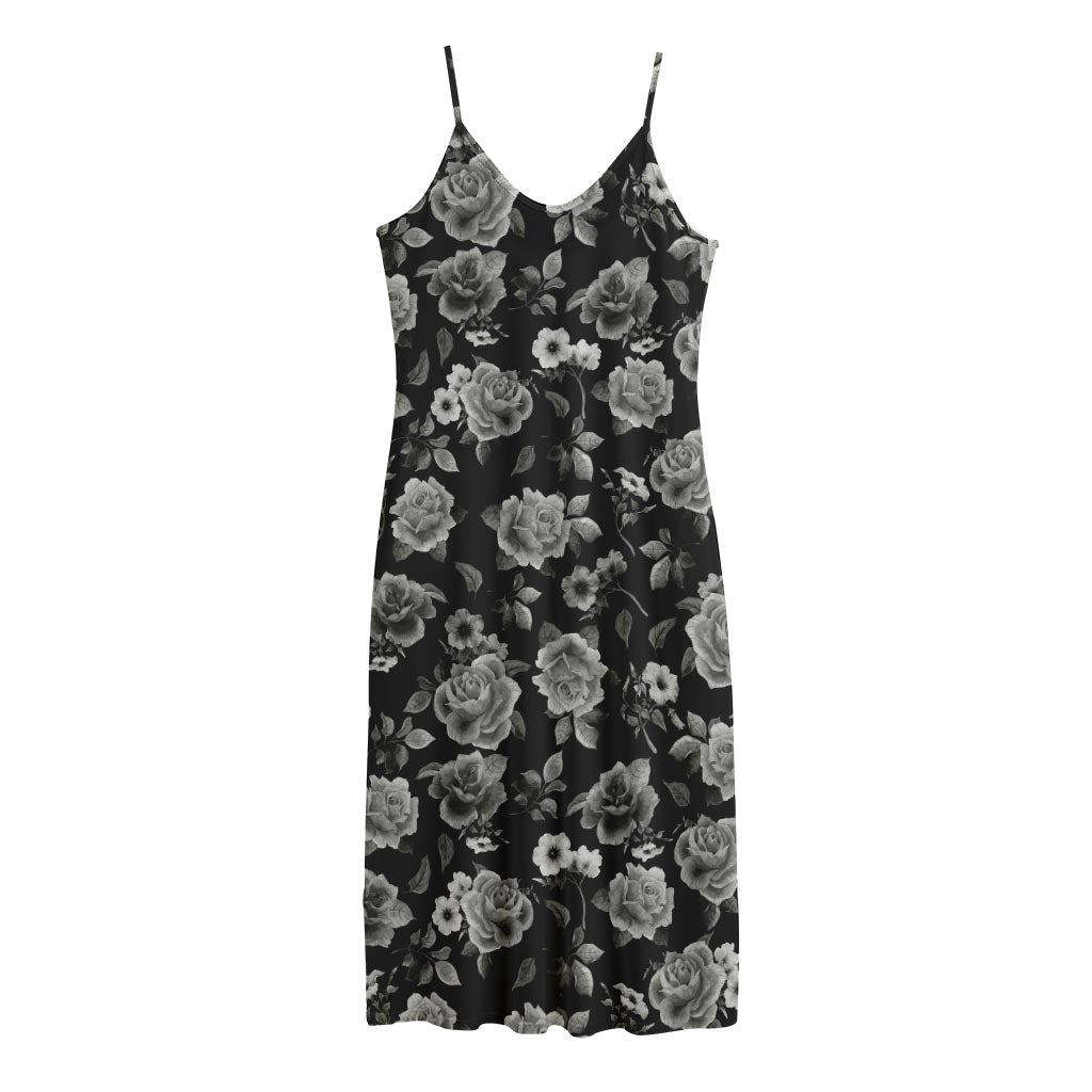 Monochrome Rose Floral Pattern Print Jersey Midi Cami Dress