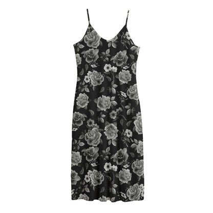 Monochrome Rose Floral Pattern Print Jersey Midi Cami Dress