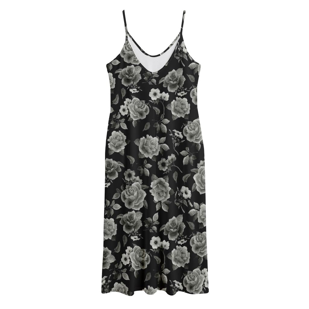 Monochrome Rose Floral Pattern Print Jersey Midi Cami Dress
