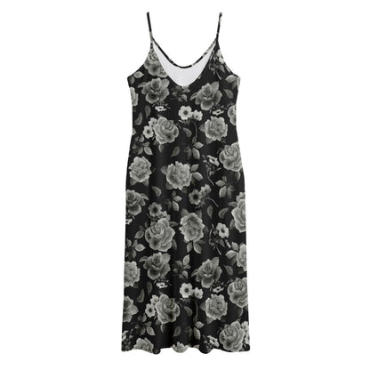 Monochrome Rose Floral Pattern Print Jersey Midi Cami Dress