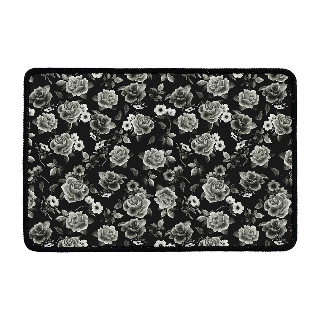 Monochrome Rose Floral Pattern Print Kitchen Mat