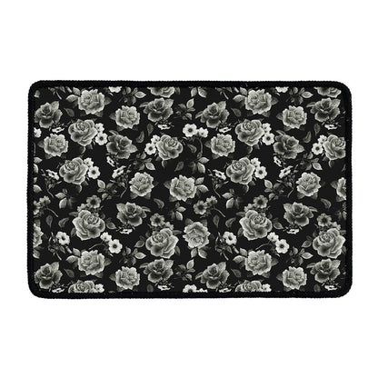 Monochrome Rose Floral Pattern Print Kitchen Mat