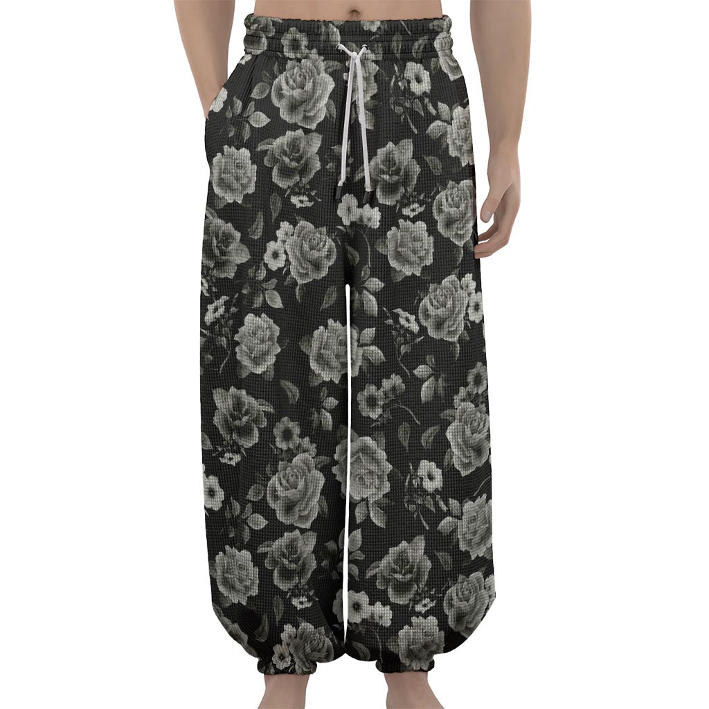 Monochrome Rose Floral Pattern Print Lantern Pants