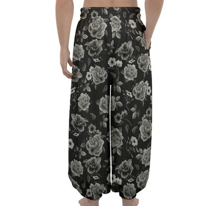 Monochrome Rose Floral Pattern Print Lantern Pants