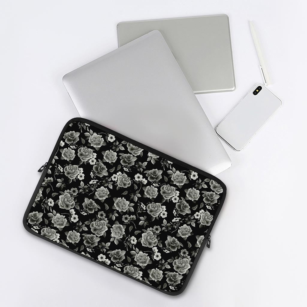 Monochrome Rose Floral Pattern Print Laptop Sleeve