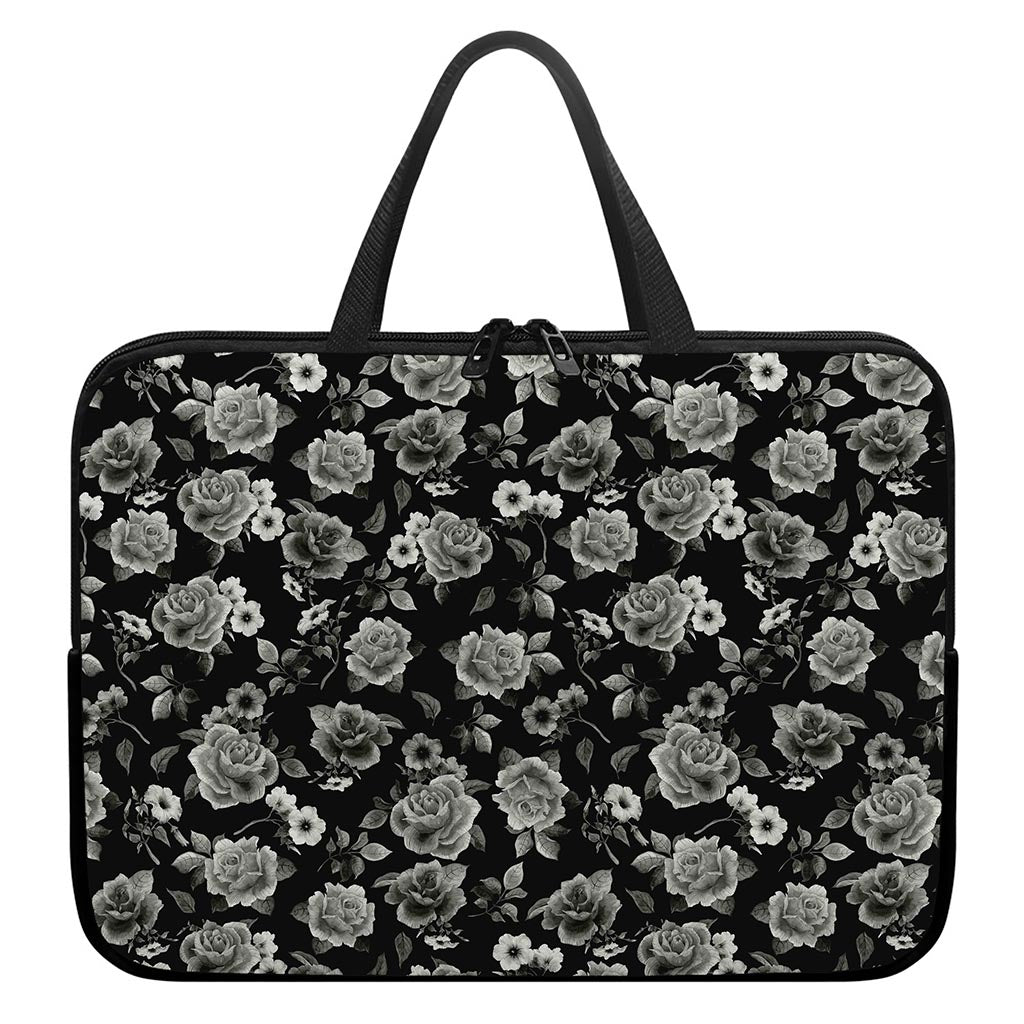 Monochrome Rose Floral Pattern Print Laptop Sleeve With Handle