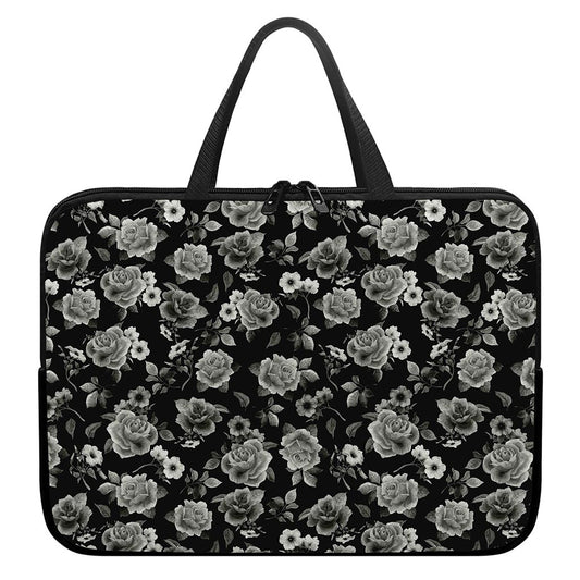 Monochrome Rose Floral Pattern Print Laptop Sleeve With Handle