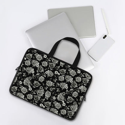 Monochrome Rose Floral Pattern Print Laptop Sleeve With Handle