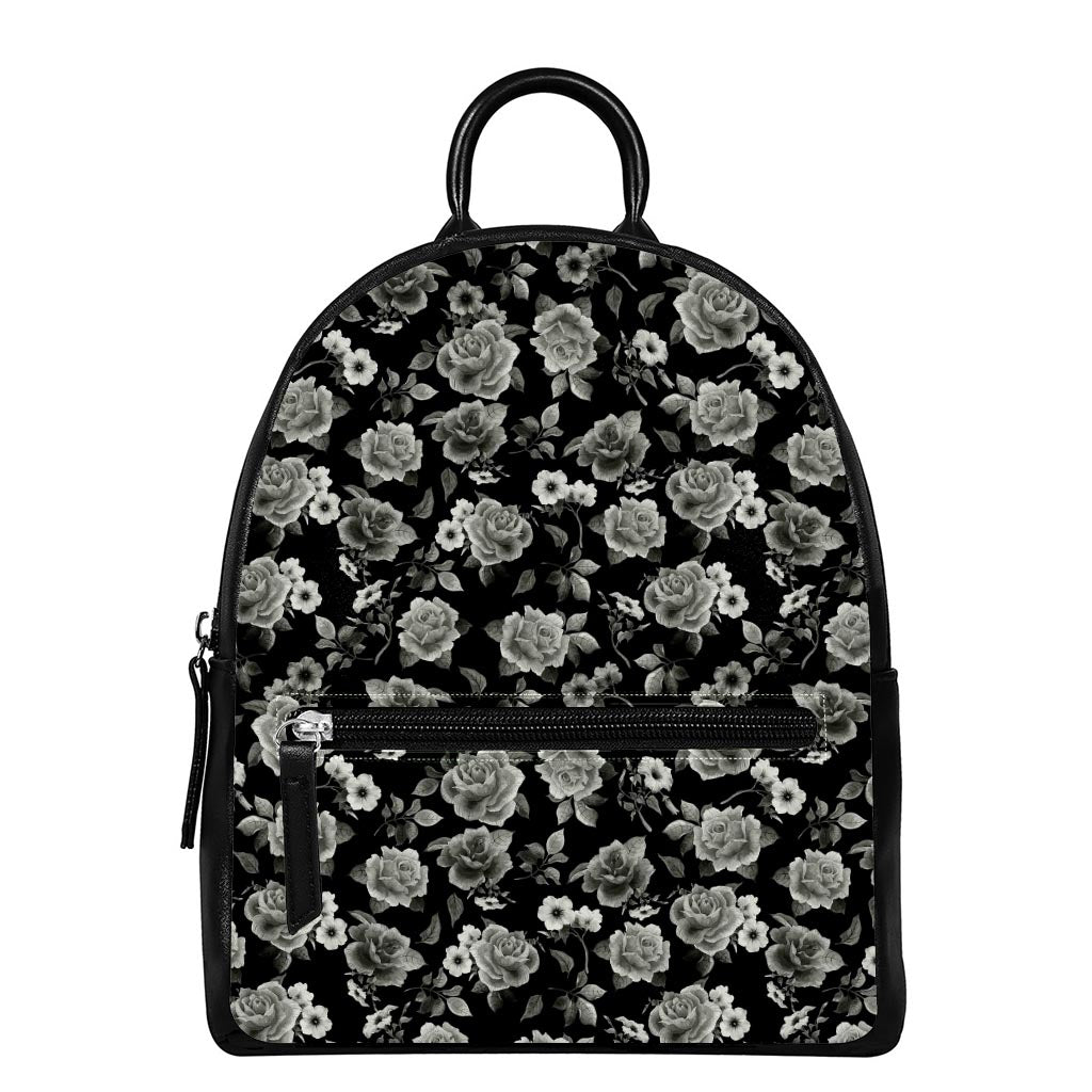 Monochrome Rose Floral Pattern Print Leather Backpack