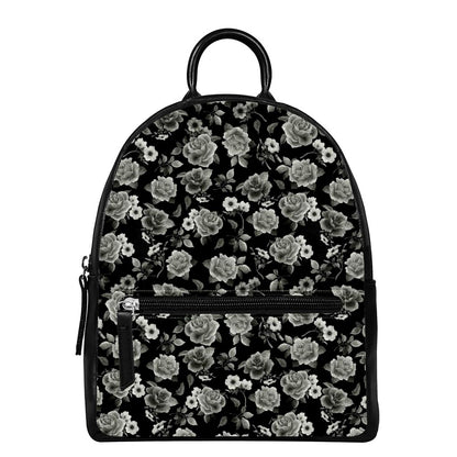 Monochrome Rose Floral Pattern Print Leather Backpack