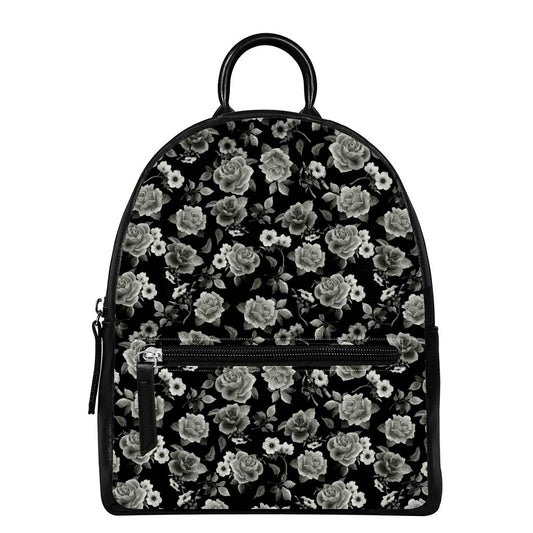Monochrome Rose Floral Pattern Print Leather Backpack