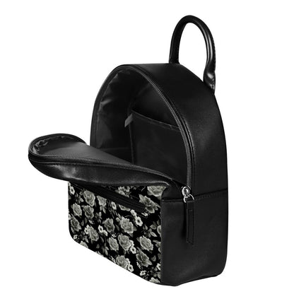 Monochrome Rose Floral Pattern Print Leather Backpack