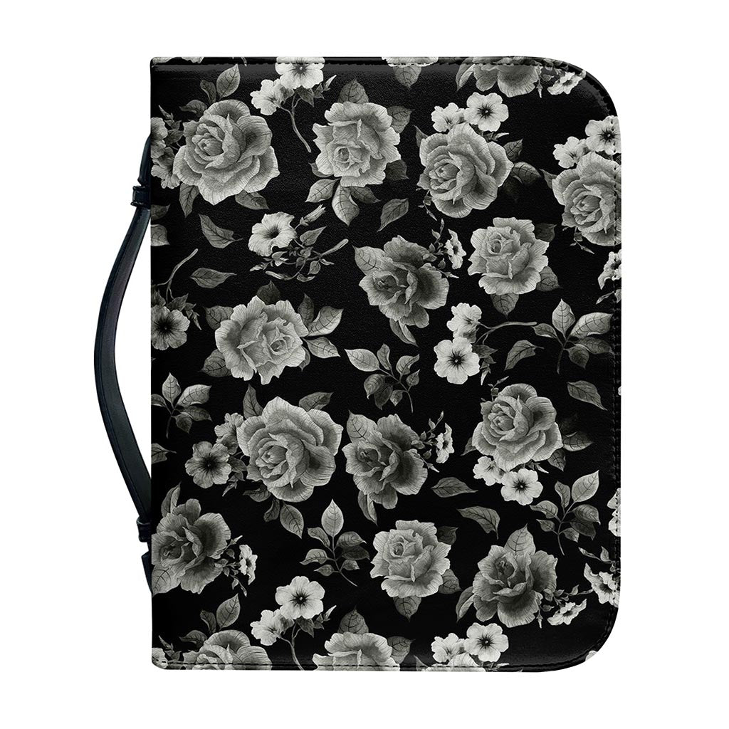 Monochrome Rose Floral Pattern Print Leather Bible Cover