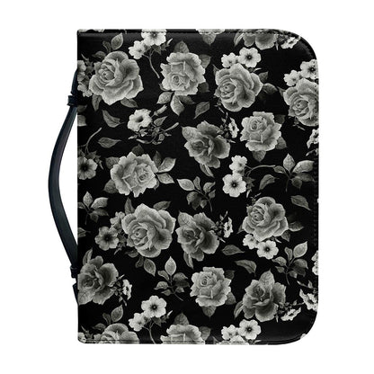 Monochrome Rose Floral Pattern Print Leather Bible Cover