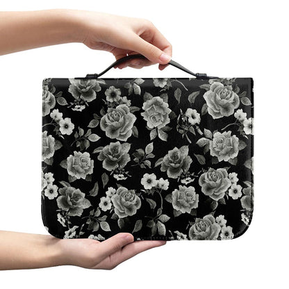 Monochrome Rose Floral Pattern Print Leather Bible Cover