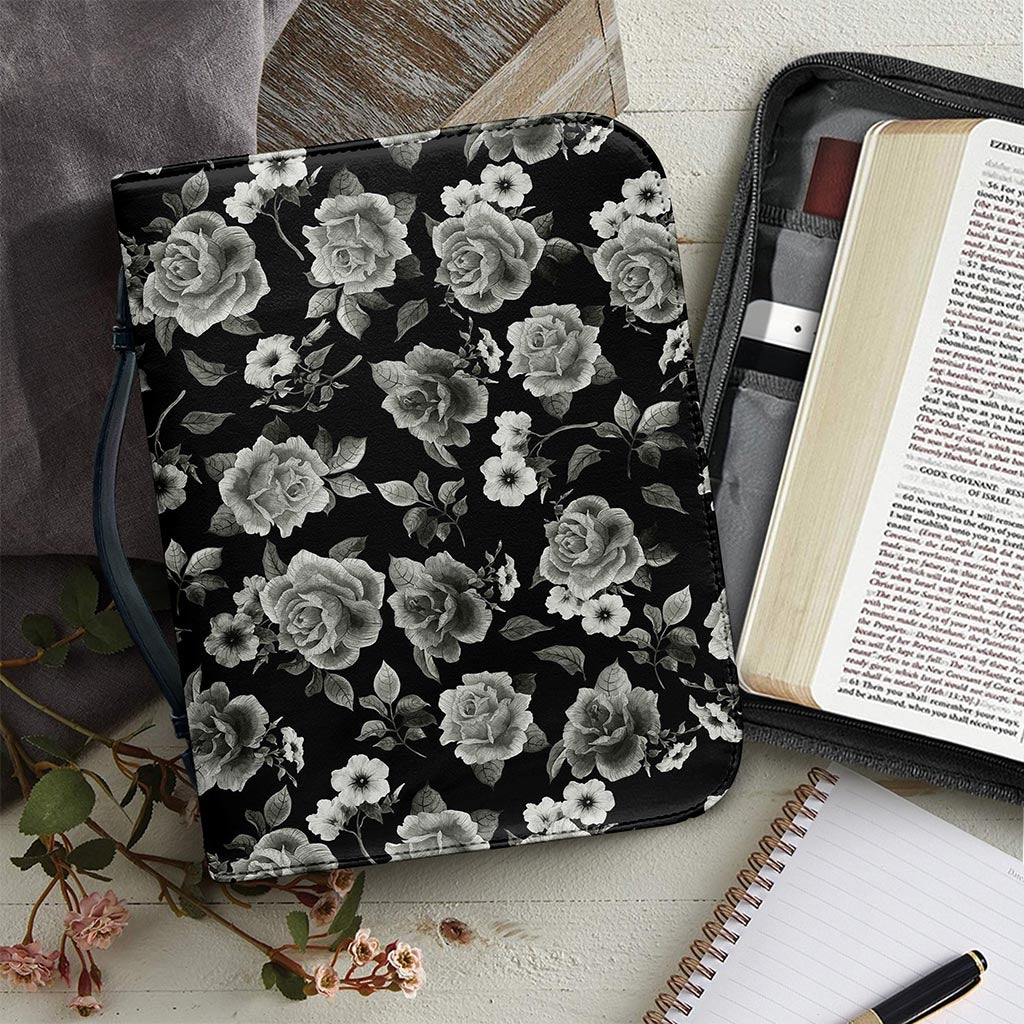 Monochrome Rose Floral Pattern Print Leather Bible Cover