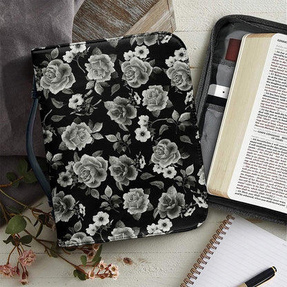 Monochrome Rose Floral Pattern Print Leather Bible Cover