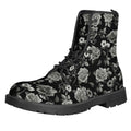 Monochrome Rose Floral Pattern Print Lace-Up Boots
