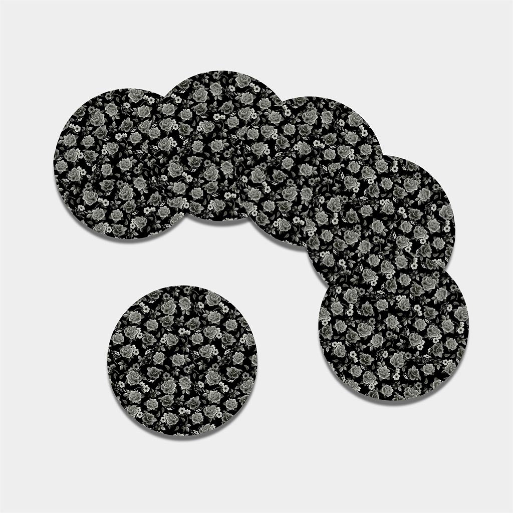 Monochrome Rose Floral Pattern Print Leather Coaster Set