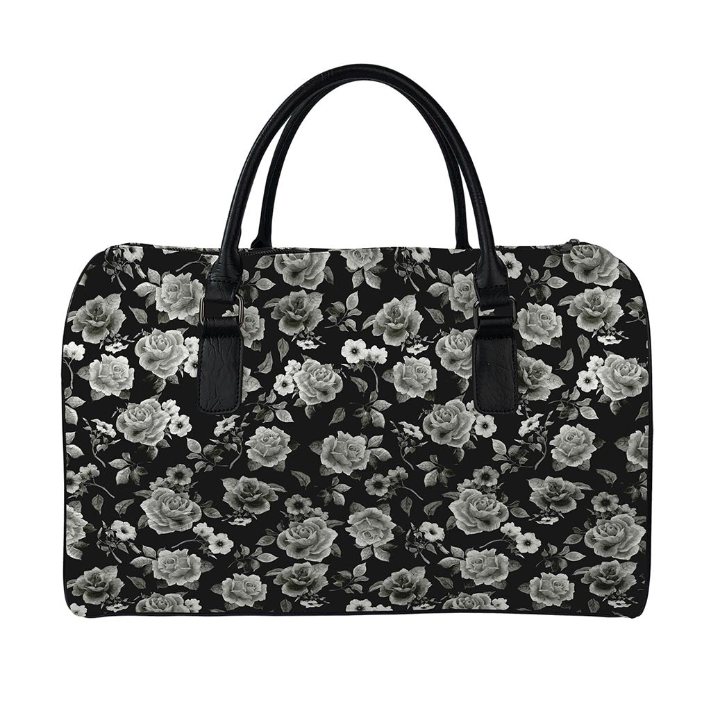 Monochrome Rose Floral Pattern Print Leather Duffle Bag