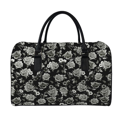 Monochrome Rose Floral Pattern Print Leather Duffle Bag