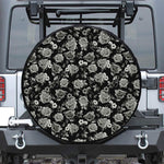 Monochrome Rose Floral Pattern Print Leather Spare Tire Cover