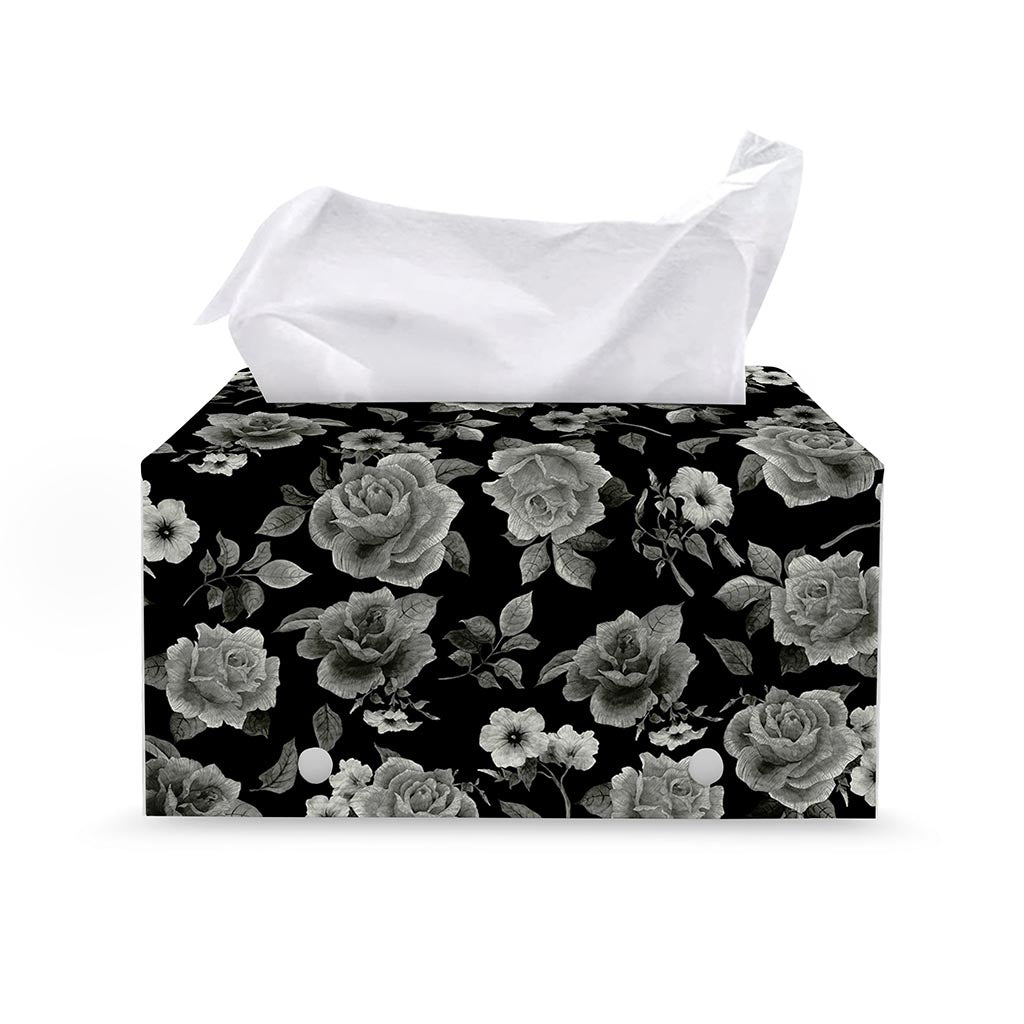 Monochrome Rose Floral Pattern Print Leather Tissue Box Cover