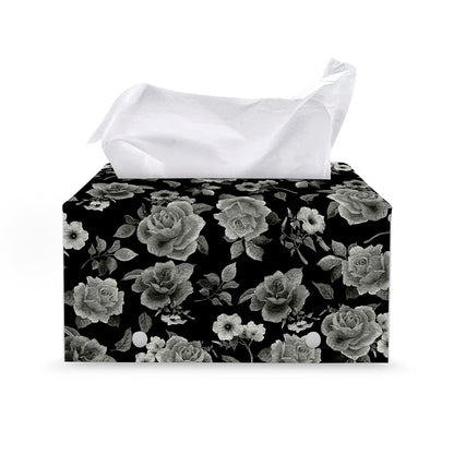 Monochrome Rose Floral Pattern Print Leather Tissue Box Cover