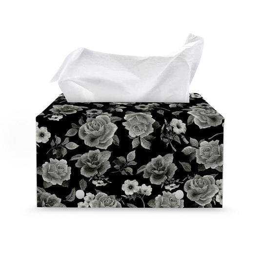 Monochrome Rose Floral Pattern Print Leather Tissue Box Cover