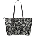 Monochrome Rose Floral Pattern Print Leather Tote Bag With Zipper