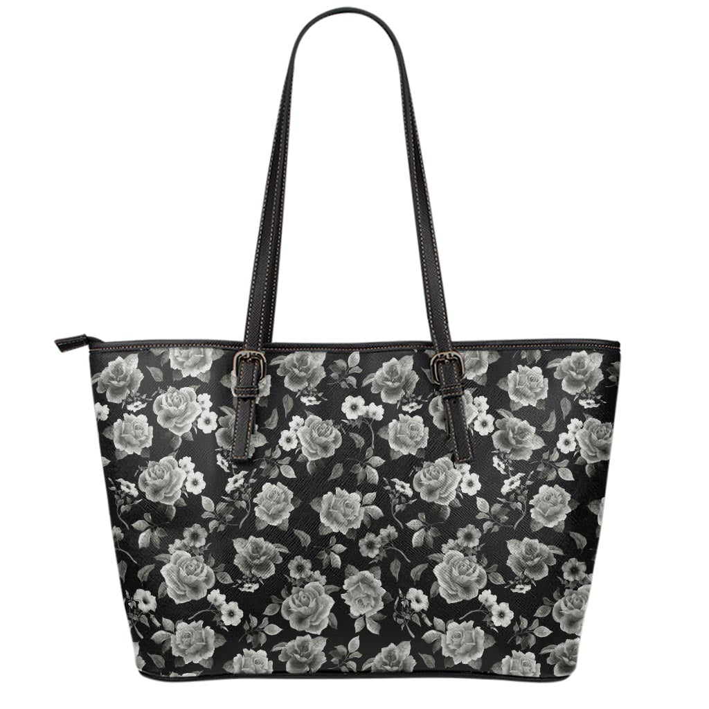 Monochrome Rose Floral Pattern Print Leather Tote Bag