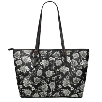 Monochrome Rose Floral Pattern Print Leather Tote Bag