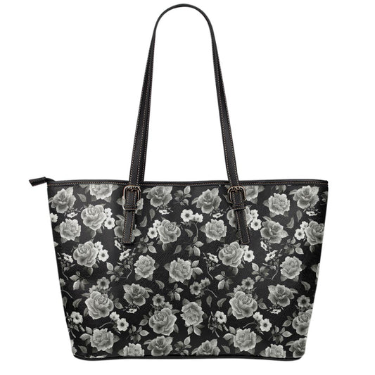 Monochrome Rose Floral Pattern Print Leather Tote Bag