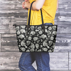 Monochrome Rose Floral Pattern Print Leather Tote Bag