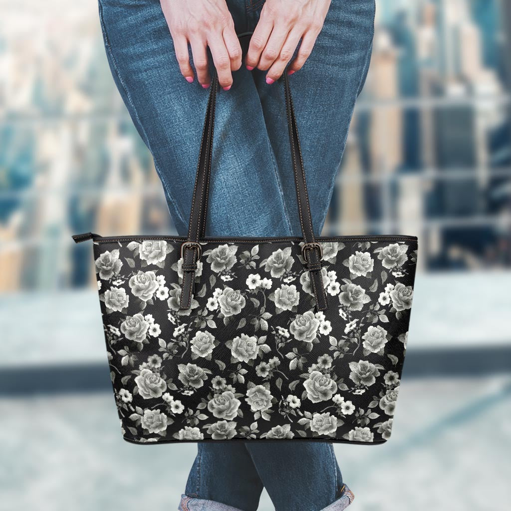 Monochrome Rose Floral Pattern Print Leather Tote Bag
