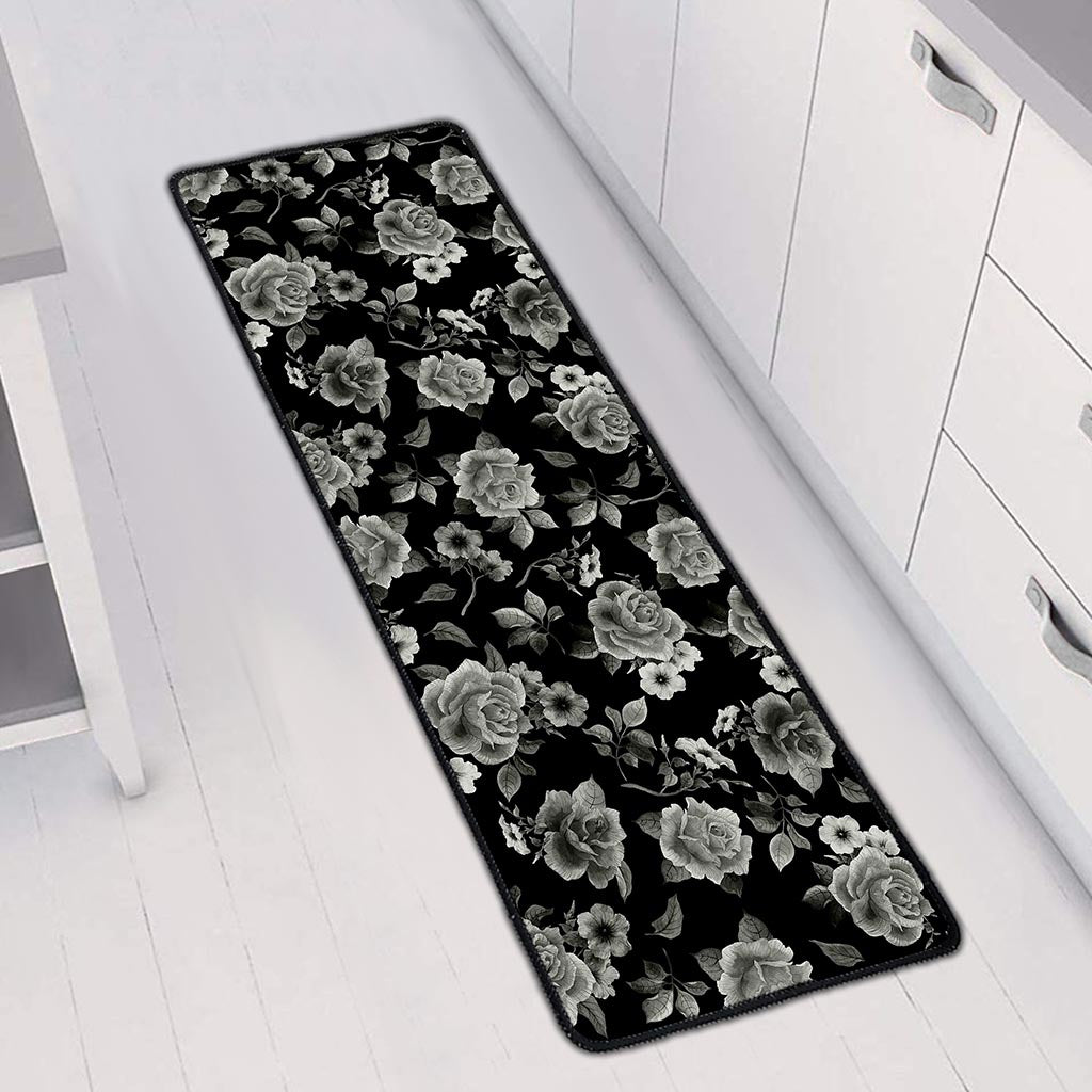 Monochrome Rose Floral Pattern Print Long Kitchen Mat