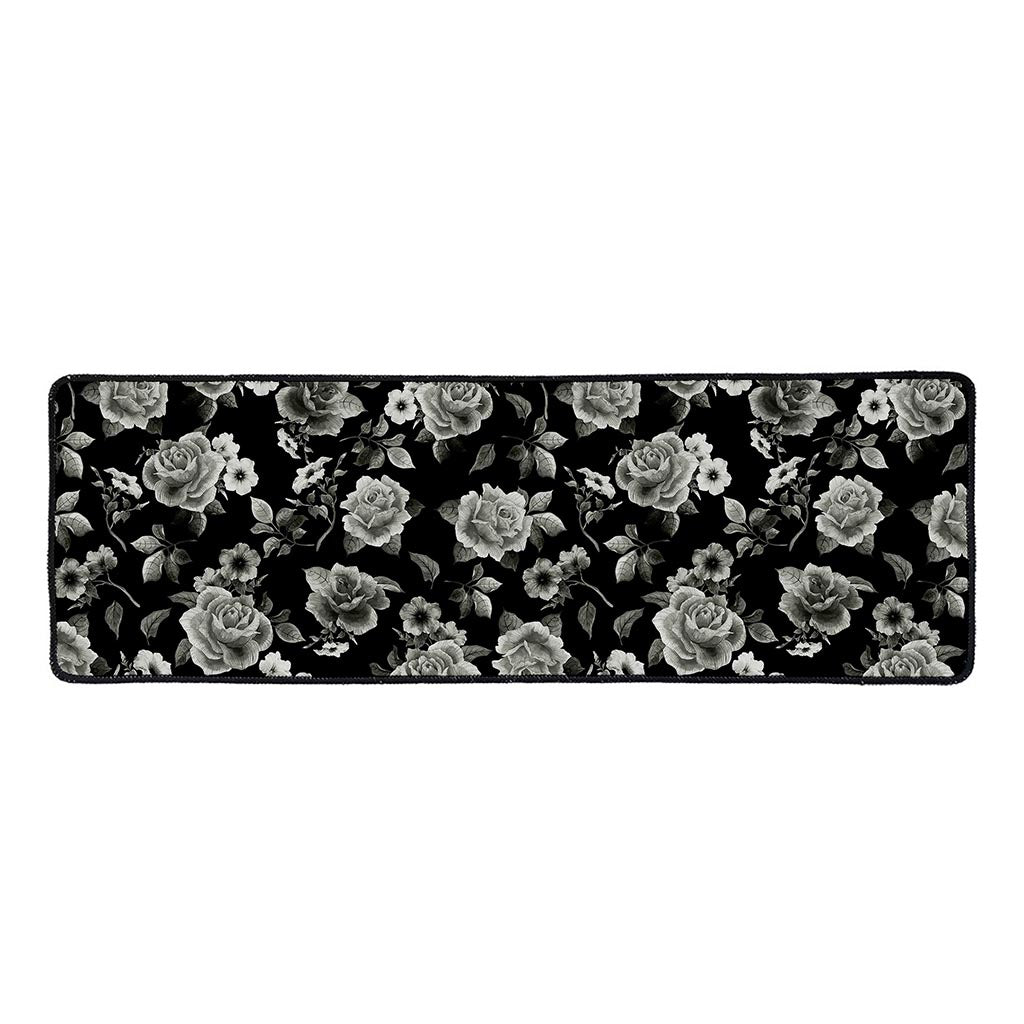 Monochrome Rose Floral Pattern Print Long Kitchen Mat