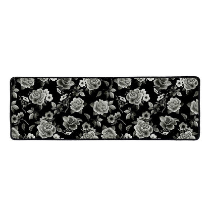 Monochrome Rose Floral Pattern Print Long Kitchen Mat