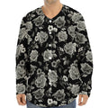 Monochrome Rose Floral Pattern Print Long Sleeve Baseball Jersey