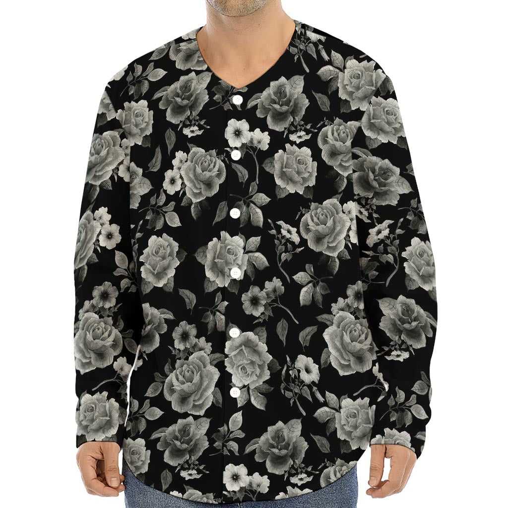 Monochrome Rose Floral Pattern Print Long Sleeve Baseball Jersey