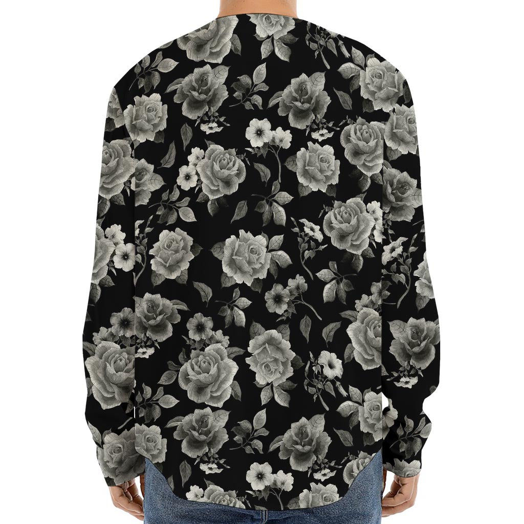 Monochrome Rose Floral Pattern Print Long Sleeve Baseball Jersey