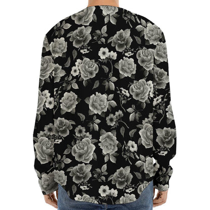 Monochrome Rose Floral Pattern Print Long Sleeve Baseball Jersey