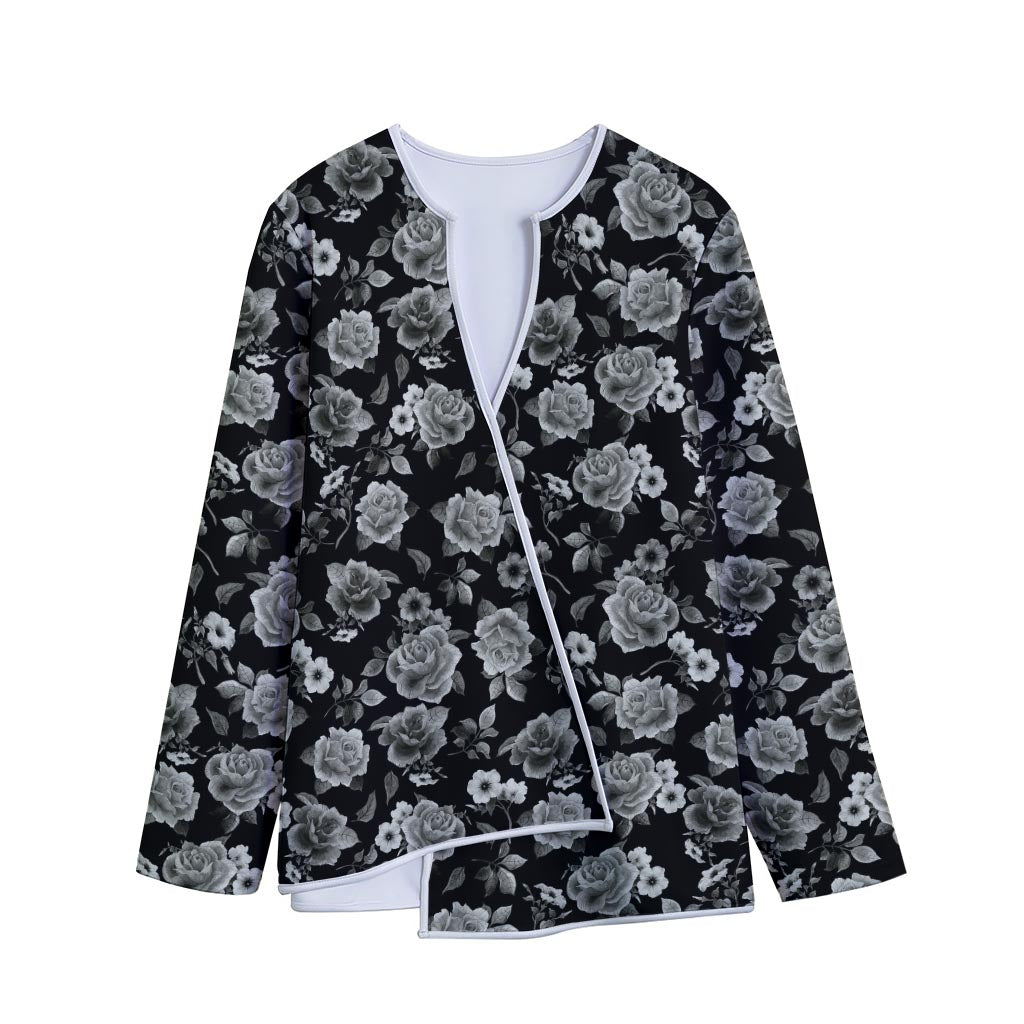 Monochrome Rose Floral Pattern Print Long Sleeve Short Coat