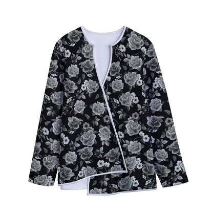Monochrome Rose Floral Pattern Print Long Sleeve Short Coat