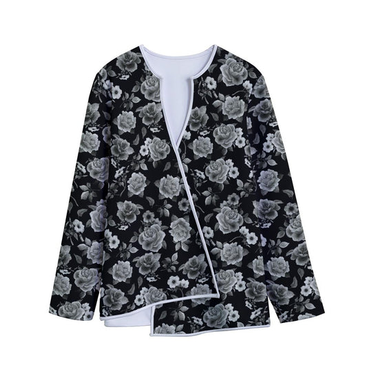 Monochrome Rose Floral Pattern Print Long Sleeve Short Coat