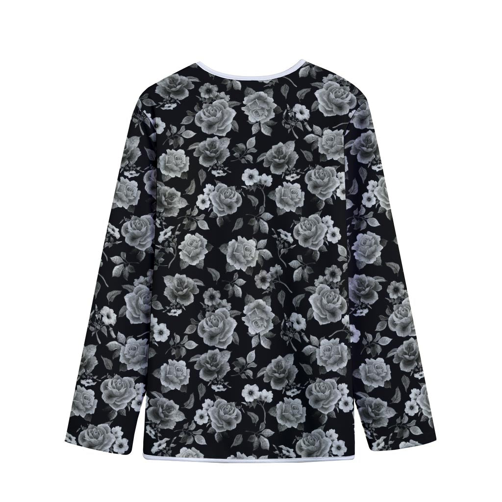 Monochrome Rose Floral Pattern Print Long Sleeve Short Coat