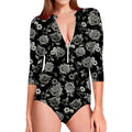 Monochrome Rose Floral Pattern Print Long Sleeve Swimsuit