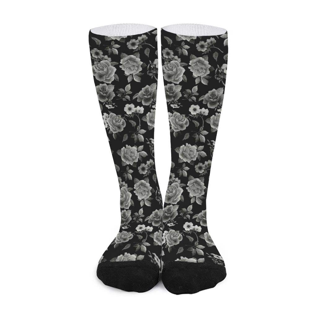 Monochrome Rose Floral Pattern Print Long Socks