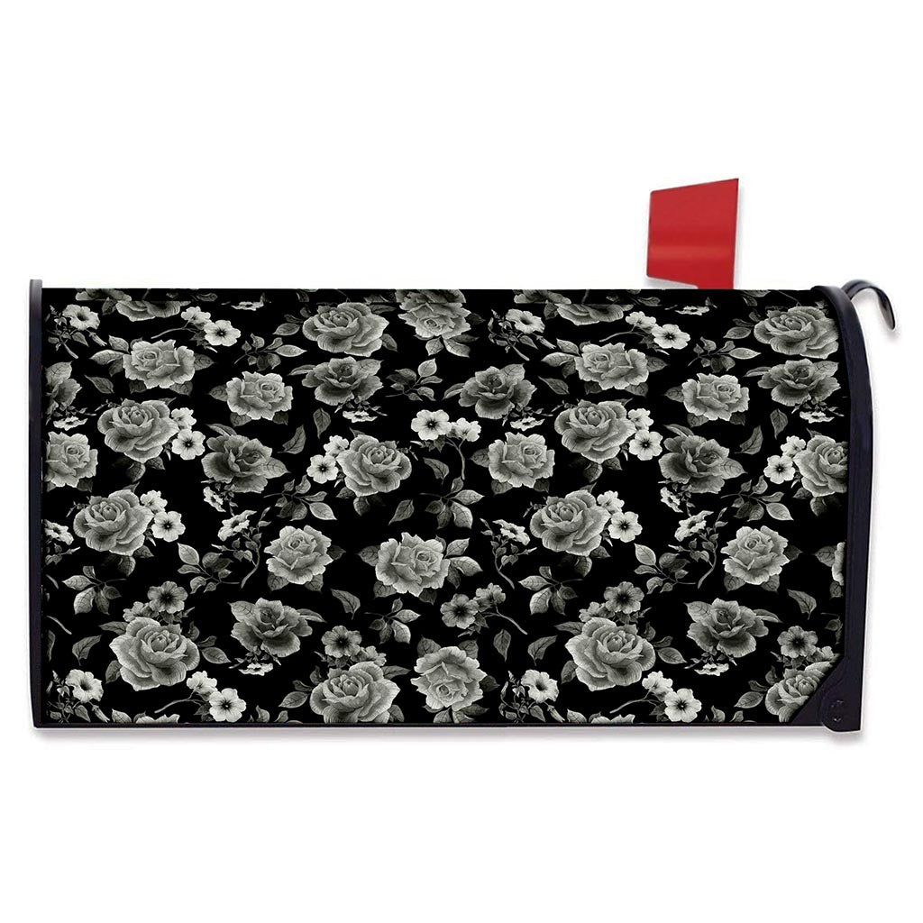 Monochrome Rose Floral Pattern Print Mailbox Cover
