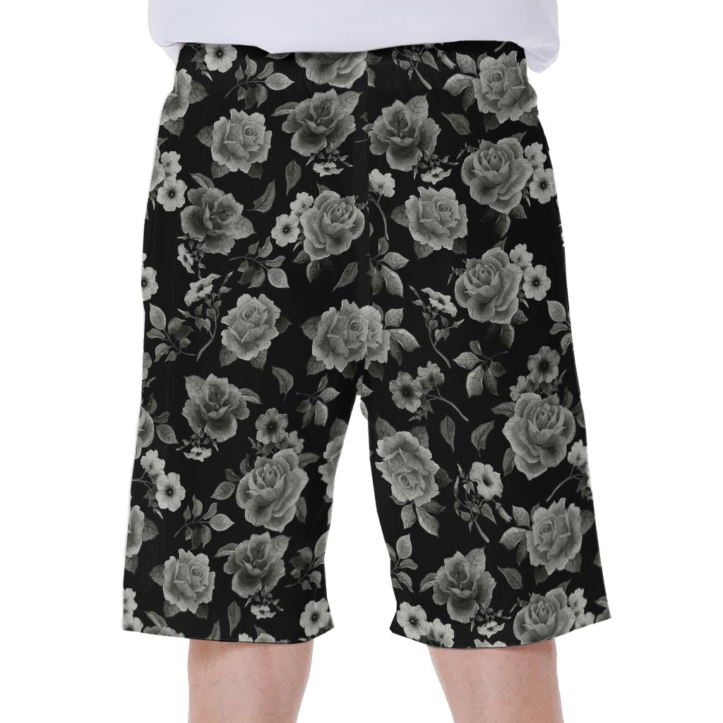 Monochrome Rose Floral Pattern Print Men's Beach Shorts